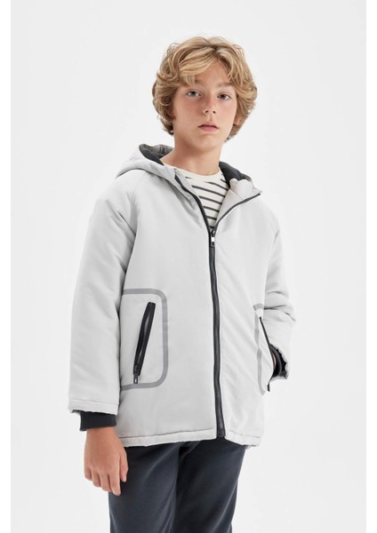 Erkek Çocuk Su Geçirmez Kapüşonlu Polar Astarlı Fermuarlı Cepli Parka D1132A824WN