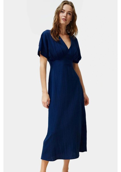 Maxi A Line V Yaka Kısa Kollu Dokuma Elbise Rahat Günlük Yaz Yüksek Kalite Trend Tasarım