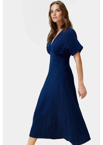 Maxi A Line V Yaka Kısa Kollu Dokuma Elbise Rahat Günlük Yaz Yüksek Kalite Trend Tasarım fiyatları