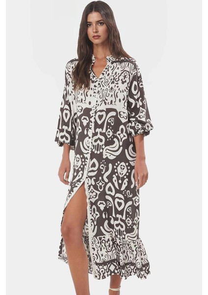 Yazlık Desenli Midi Elbise Shally Dokuma Polyester Rahat Günlük Premium Kalite