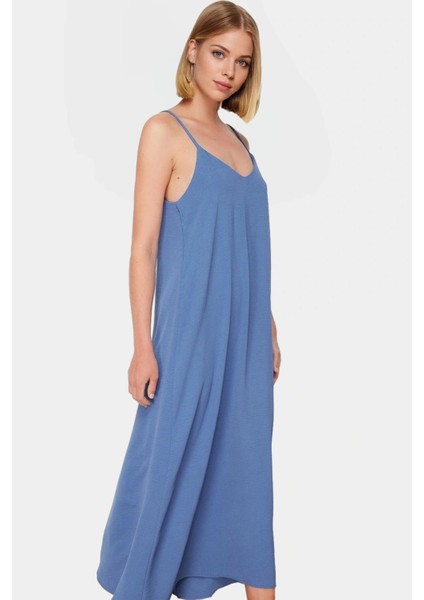 Maxi Dokuma Elbise V Yaka Shift Kalıp Polyester Yazlık Rahat Konforlu Kesim Seçkin Malzeme