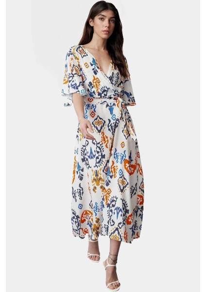 Yazlık Çok Etnik Desenli A Line Midi Elbise Şık Kuşak Detayı ile Konforlu Kesim fiyatları