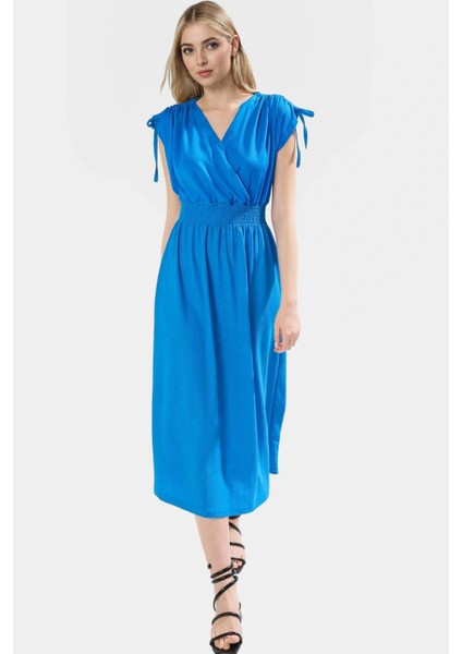 Yazlık Midi Elbise Örme Polyester Kumaş Beli Lastikli A Line Premium Kalite Özenle Seçilmiş