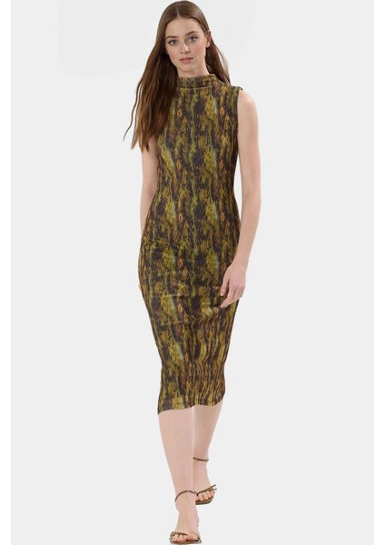 Leopar Desenli Midi Kalem Elbise Polyester Örme Kumaş Bodycon Kalıp Yazlık Dayanıklı Malzeme