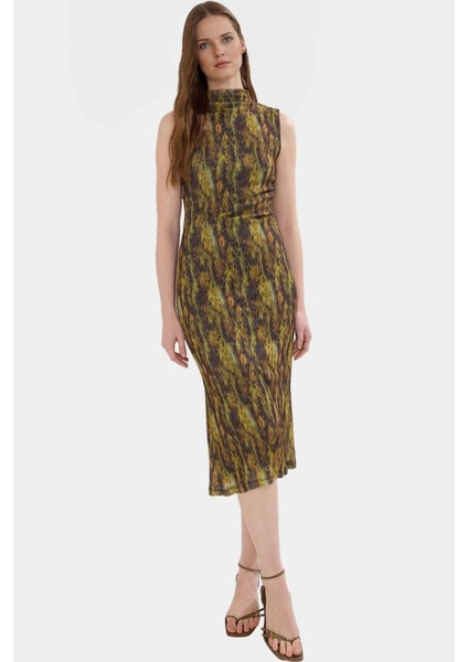 Leopar Desenli Midi Kalem Elbise Polyester Örme Kumaş Bodycon Kalıp Yazlık Dayanıklı Malzeme fiyatları