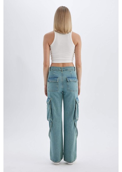 Wide Leg Kargo Yüksek Bel Uzun Jean Yıkamalı Pantolon D1228AX24HS