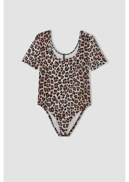 Slim Fit Dar Kesim Yuvarlak Yaka Vücuda Oturan Leopar Desenli Kısa Kollu Çıtçıtlı Body D1274AX24SM