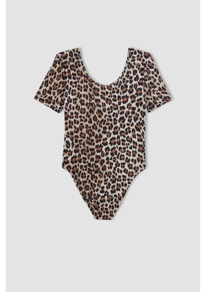 Slim Fit Dar Kesim Yuvarlak Yaka Vücuda Oturan Leopar Desenli Kısa Kollu Çıtçıtlı Body D1274AX24SM