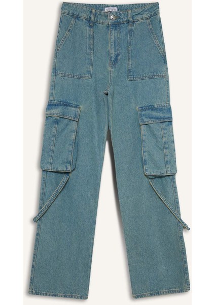 Wide Leg Kargo Yüksek Bel Uzun Jean Yıkamalı Pantolon D1228AX24HS