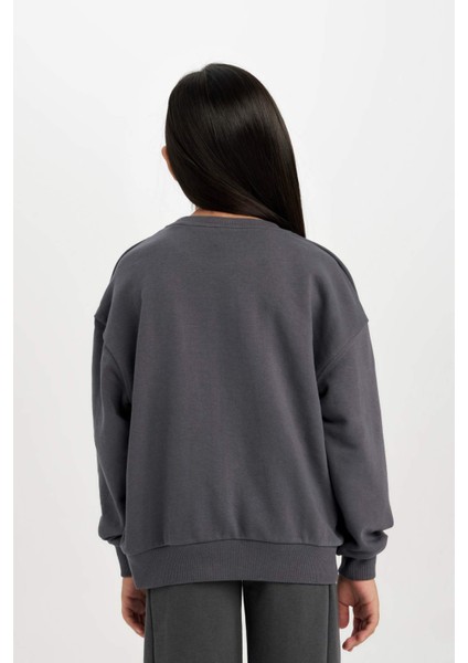 Kız Çocuk Antrasit Oversize Geniş Kalıp Bisiklet Yaka Baskılı Sweatshirt D0610A824AU
