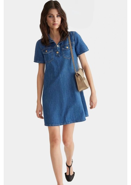 Denim Gömlek Elbise Kısa Kollu Pamuk Casual Günlük Zarifane Tasarım Kaliteli Işçilik