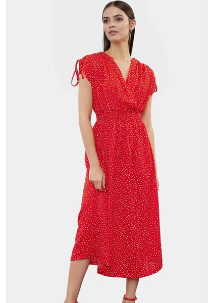 Yazlık Midi Elbise Örme Polyester Kumaş Beli Lastikli A Line Premium Kalite Özenle Seçilmiş