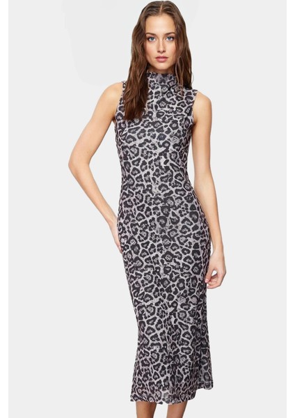 Leopar Desenli Midi Kalem Elbise Polyester Örme Kumaş Bodycon Kalıp Yazlık Dayanıklı Malzeme