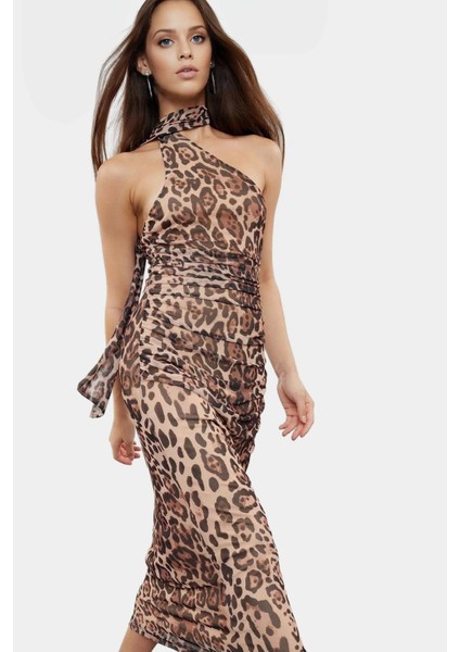 Leopar Desenli Midi Boy Tül Elbise Bodycon Kalıp Yazlık Astarlı Profesyonel Görünüm Modern Stil