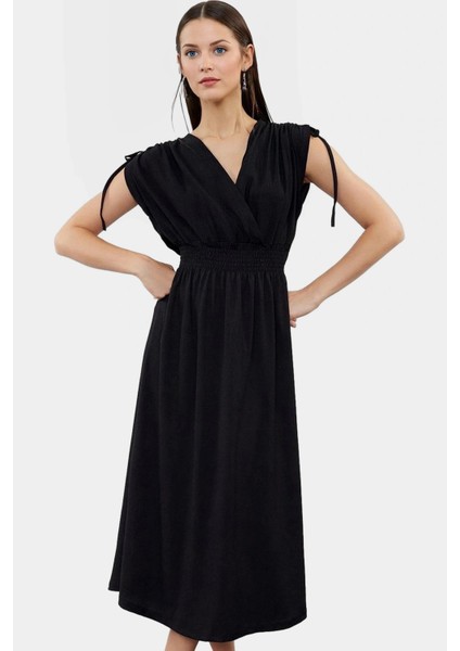 Yazlık Midi Elbise Örme Polyester Kumaş Beli Lastikli A Line Premium Kalite Özenle Seçilmiş