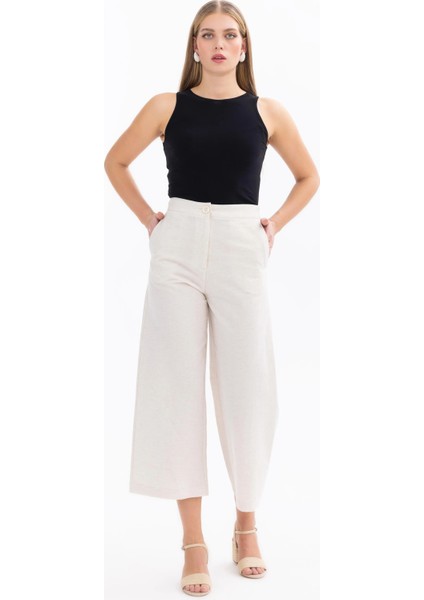 Kadın Düğmeli Geniş Paça Pantolon-Bej
