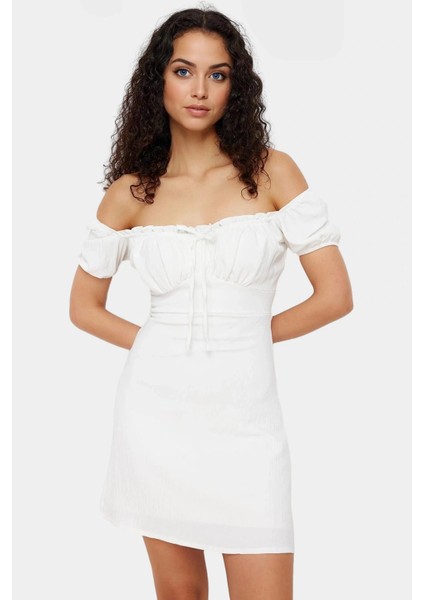 Yazlık Mini Elbise A Line Balon Kol Krep Dokuma Modern Stil Uzun Ömürlü Özenle Seçilmiş fiyatları