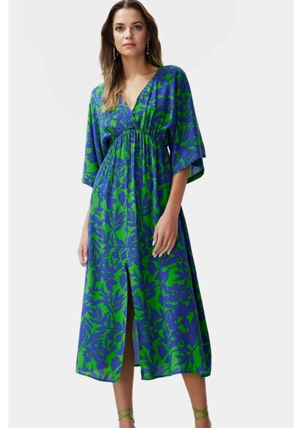 Çok Etnik Desenli Midi Viskoz Elbise A Kesim Truvakar Kol Yazlık Seçkin Malzeme