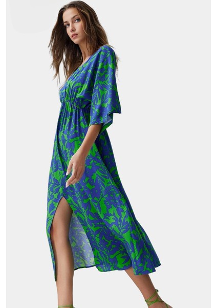 Çok Etnik Desenli Midi Viskoz Elbise A Kesim Truvakar Kol Yazlık Seçkin Malzeme fiyatları