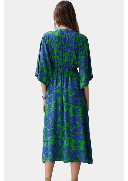 Çok Etnik Desenli Midi Viskoz Elbise A Kesim Truvakar Kol Yazlık Seçkin Malzeme modelleri