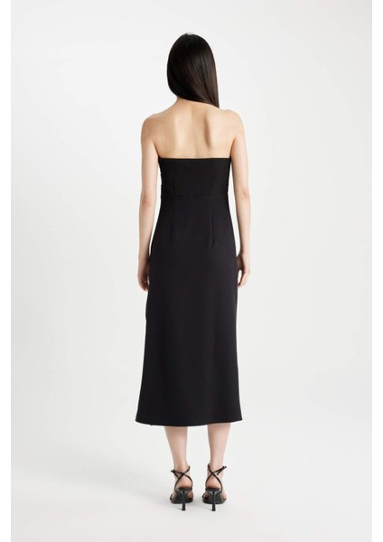 Bodycon Straplez Siyah Midi Abiye Elbise D0985AX24SM