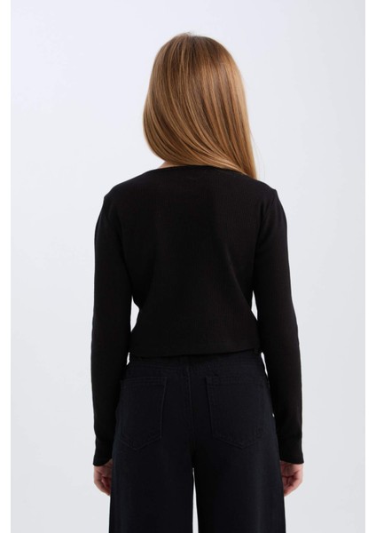 Kız Çocuk Slim Fit Dar Kesim Bisiklet Yaka Fitilli Kaşkorse Uzun Kollu Siyah Tişört D0705A824AU