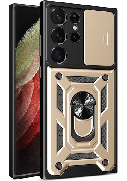 Samsung Galaxy S23 Ultra Kılıf Pars Lens Yüzüklü Silikon - Gold - NFND7394-4646