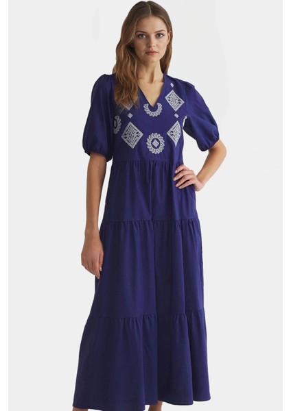 Nakışlı Maxi Elbise Pamuklu Polyester Dokuma Yazlık Günlük Trend Tasarım Seçkin Malzeme