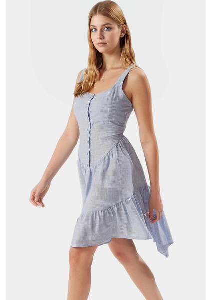 Yazlık Mini Ekose Pamuklu Elbise Kare Yaka Belden Açılan Rahat Kullanım Seçkin Malzeme