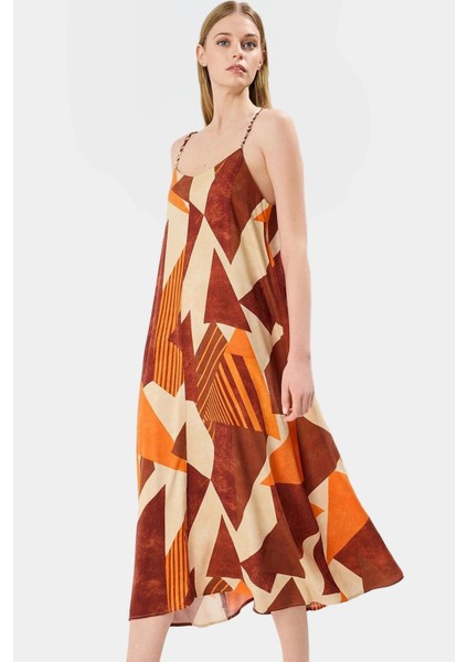 Yazlık Geometrik Desenli Midi Elbise Viskoz Kumaş Günlük Şık Tarz Modern Stil Trend Tasarım