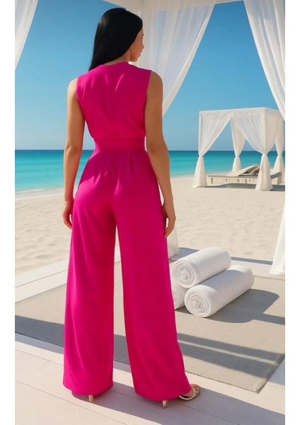 Halter Yaka Bol Paça Saten Tulum