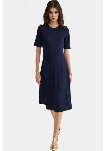 A Line Midi Örme Elbise Bisiklet Yaka Truvakar Kol Günlük Stil Özel Tasarım Şık Görünüm