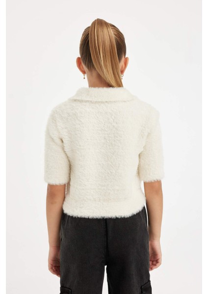 Kız Çocuk Polo Yaka Yumuşak Dokulu Kısa Kollu Triko Kazak D1358A824WN