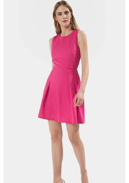 A Line Mini Keten Görünümlü Polyester Elbise Yazlık Günlük Tarz Kullanım Için