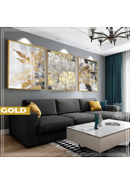 |gri&gold Set Modern Bohem Kombini |çerçeveli Cam Tablo 3lü Dikey