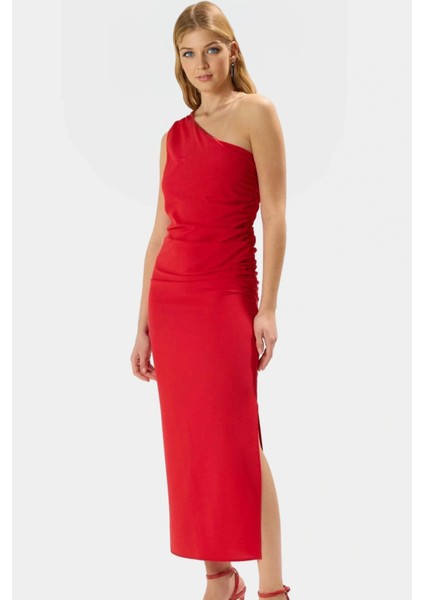 Tek Omuz Midi Boy Bodycon Soft Krep Polyester Elbise Dayanıklı Malzeme Rahat Kullanım