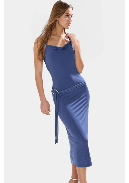 Şık Midi Boy Örme Elbise Aksesuar Detaylı Polyester Elastan Günlük Stil Zarifane Tasarım fiyatları