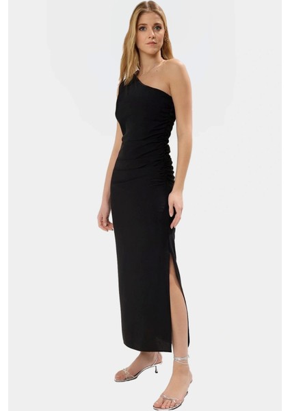 Tek Omuz Midi Boy Bodycon Soft Krep Polyester Elbise Dayanıklı Malzeme Rahat Kullanım