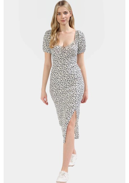 Midi Boy Örme Elbise Kare Yaka Balon Kol Bodycon Kalıp Profesyonel Görünüm Trend Tasarım