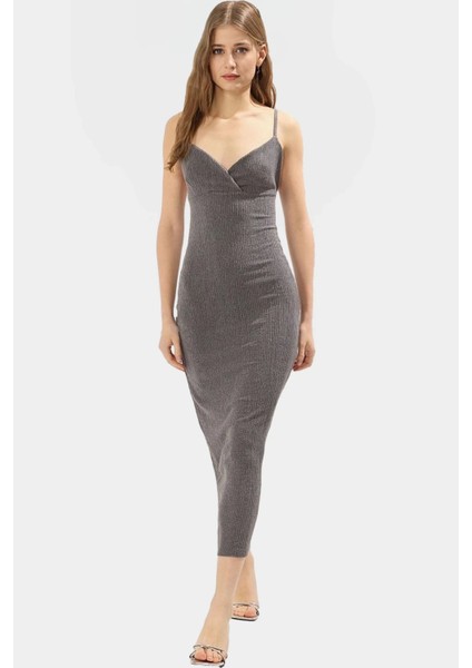 Kadın Midi Boy Örme Elbise V Yaka Bodycon Günlük Şık Konforlu Kesim Özenle Seçilmiş