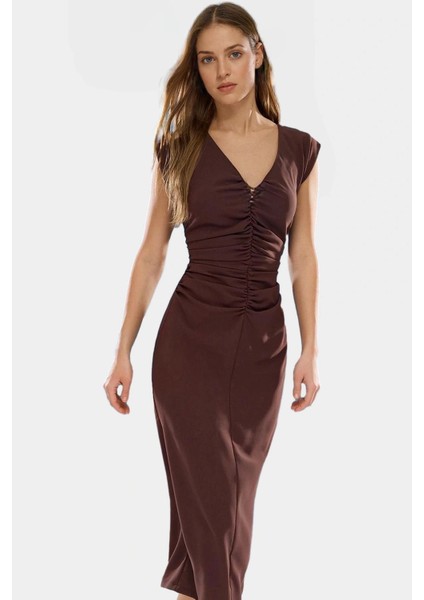 Şık Bodycon Midi Elbise Soft Krep Dokuma Polyester Kumaş Rahat ve Yüksek Kalite
