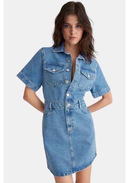 Denim Gömlek Elbise Kısa Kollu Midi Boy Pamuk Casual Mükemmel Uyum Konforlu Kesim Seçkin Malzeme
