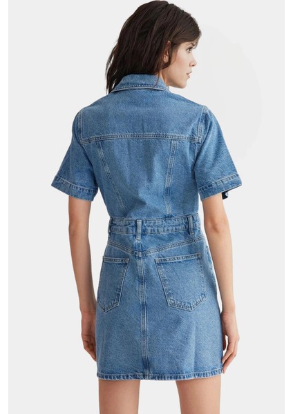 Denim Gömlek Elbise Kısa Kollu Midi Boy Pamuk Casual Mükemmel Uyum Konforlu Kesim Seçkin Malzeme modelleri