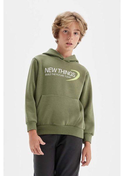Erkek Çocuk Haki Sırt Baskılı Kapüşonlu Cepli Sweatshirt C9789A824AU
