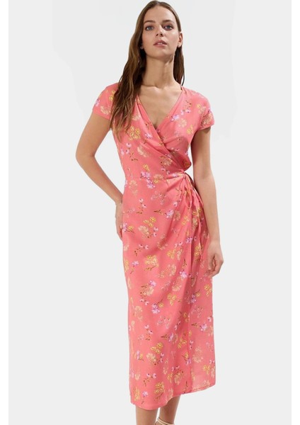 Yazlık Çiçekli Midi Elbise Viskoz Kumaş Kruvaze Günlük Tarz Konforlu Kesim Özenle Seçilmiş