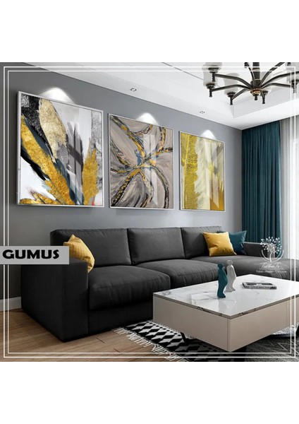 |gri&gold Set Kanat Soyut Kombini |çerçeveli Cam Tablo 3lü Dikey