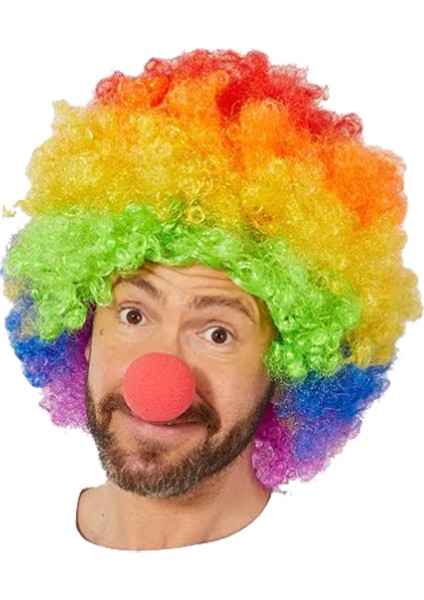 Gökkuşağı Afro Peruk ve Kırmızı Sünger Burun
