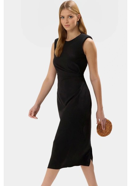 Zarif Midi Elbise Dokuma Kumaştan A Line Kesim Yazlık Zarifane Tasarım Dayanıklı Malzeme