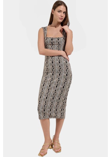 Animal Desenli Kare Yaka Bodycon Midi Örme Elbise Yazlık Rahat Şık Özel Tasarım fiyatları