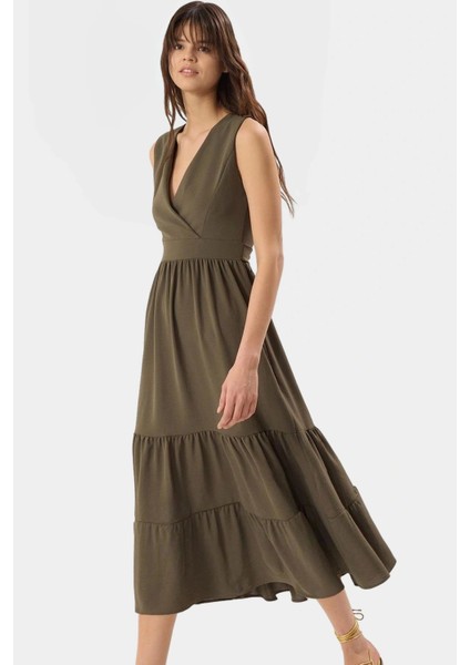 Kadın Midi Boy V Yaka Aerobin Dokuma Elbise Rahat Günlük Stil Trend Tasarım Modern